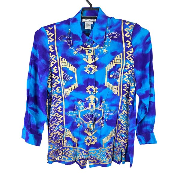 Womens Vintage Diane Gilman Blue & Purple Abstract 100% Silk Blouse Button Up M - Picture 1 of 7